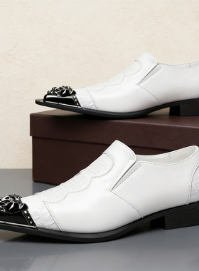 2026新款钢铁包头方跟男士白色商务皮鞋48码休闲一脚蹬潮流乐福鞋