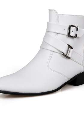 男47大码高帮帅气美发师白色尖头切尔西靴秋季英伦复古粗跟马丁靴