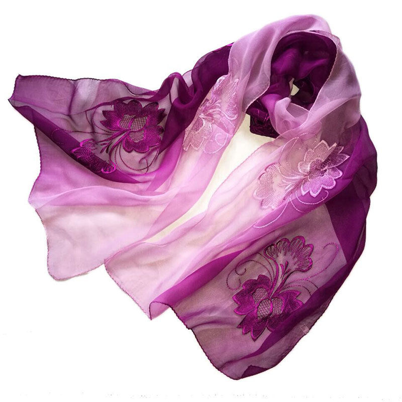 刺绣桑蚕丝丝巾薄款渐变真丝围巾披肩女百搭名媛多用长款紫色纱巾