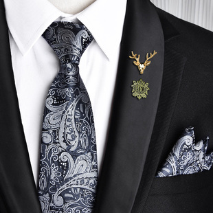 【礼盒装】男士复古佩斯利花纹领带口袋巾胸针套装拉链黑灰色英伦