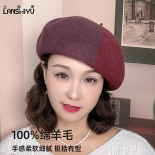 羊毛贝雷帽女士百搭时尚大头围帽子秋冬女帽女款洋气毛呢帽画家帽
