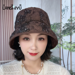 兰诗雨秋冬新款渔夫帽蕾丝帽子刺绣亮片水桶帽时尚百搭盆帽女士
