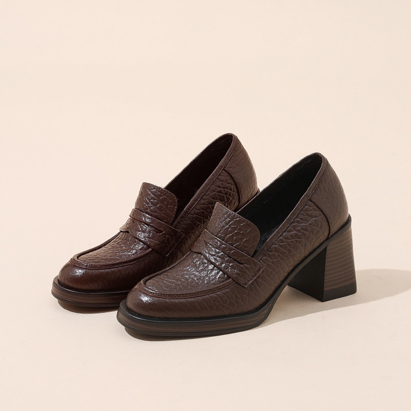 新款英伦风圆头高跟鞋舒适粗跟百搭加绒深口单鞋羊皮小皮鞋真皮女,女鞋,深口单鞋,淘宝优惠券,粉丝福利购,淘宝优惠卷