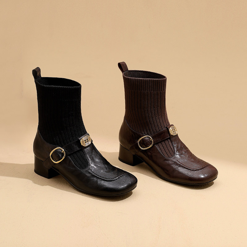 2025秋冬新款复古方头拼接毛线筒袜靴百搭粗跟真皮低跟短靴女靴子,女鞋,弹力靴/袜靴,淘宝优惠券,粉丝福利购,淘宝优惠卷