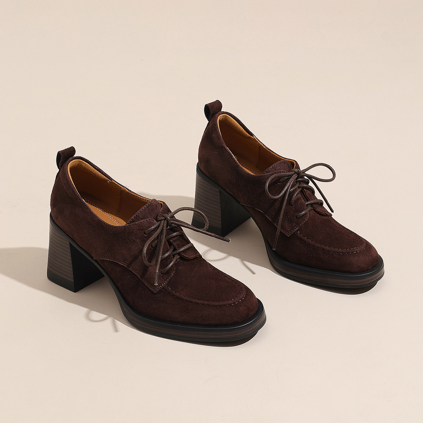 复古棕色小皮鞋羊反绒皮乐福鞋系带圆头粗跟真皮高跟鞋深口单鞋女,女鞋,深口单鞋,淘宝优惠券,粉丝福利购,淘宝优惠卷