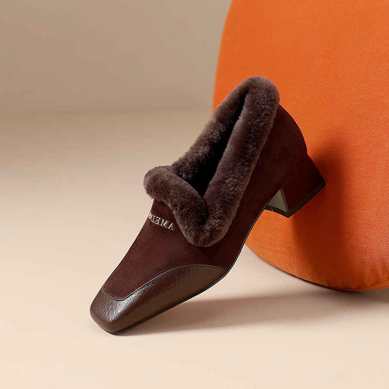 加绒保暖真皮舒适低跟深口单鞋