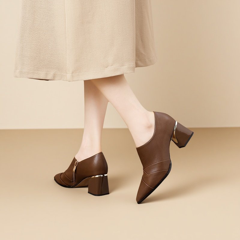 2025春秋新款时尚拼接气质尖头粗跟通勤小皮鞋真皮高跟深口单鞋女,女鞋,深口单鞋,淘宝优惠券,粉丝福利购,淘宝优惠卷