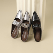 真皮褶皱尖头内增高包头半拖鞋 气质懒人凉拖鞋 女外穿 法式 2026新款