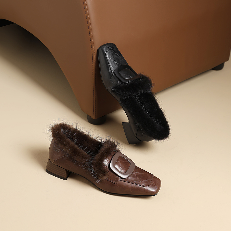 真皮低跟加绒深口单鞋