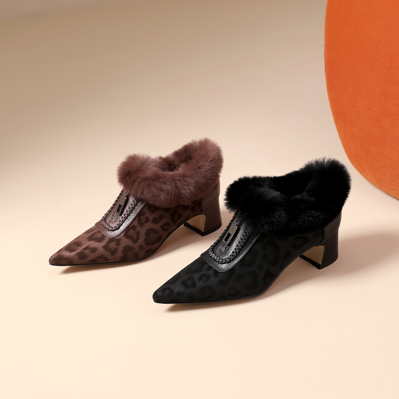 真皮兔毛加绒保暖中跟深口单鞋