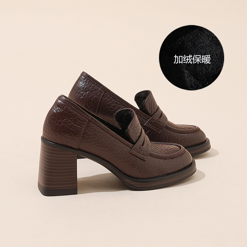 荔枝纹羊皮深口单鞋粗高跟乐福鞋