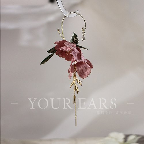 原创手作复古红色夸张花朵耳挂