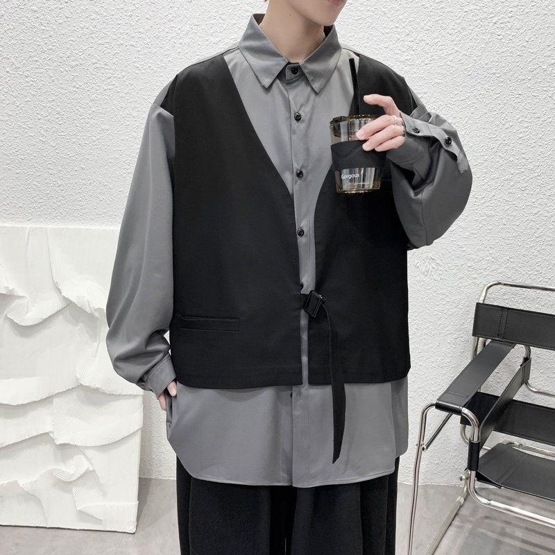714B/H3002P55控79港风2025春时尚潮男垂感衬衫假两件工装衬衫图片