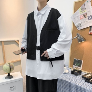 714B/H3002P55控79港风2025春时尚潮男垂感衬衫假两件工装衬衫图片