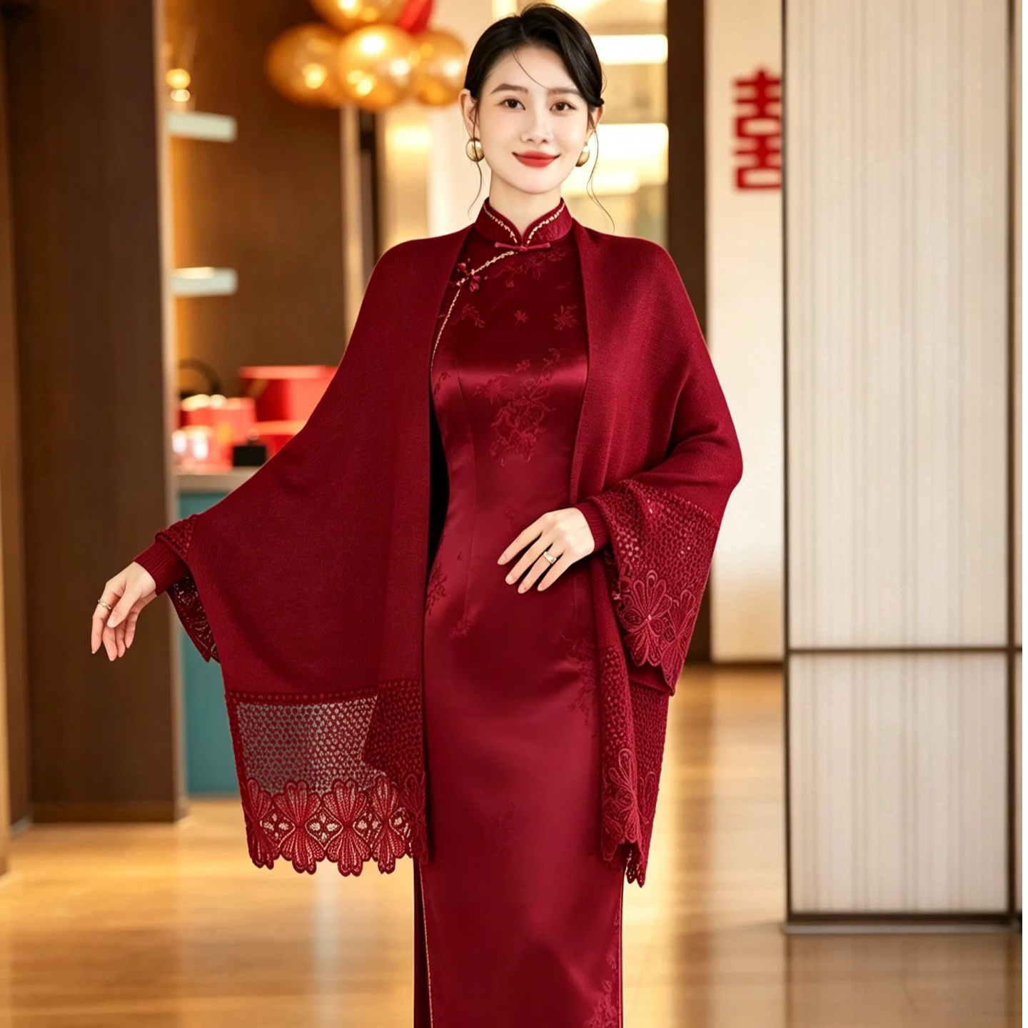 高级感时尚喜婆婆妈妈婚宴礼服配旗袍的披肩红色高端轻奢蕾丝外搭