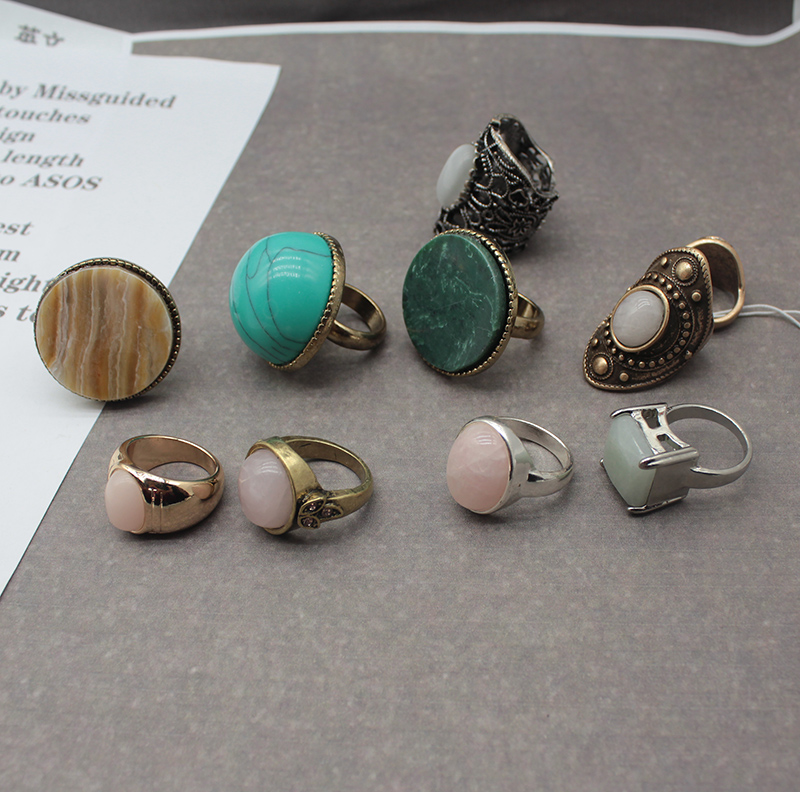 Y单出口尾货欧美超美复古古董 石头粉晶猫眼女戒指首饰合集 独款