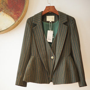 2021年秋季 兰奕屋语原创设计 绿色条纹羊毛修身 西服上衣 通勤长袖