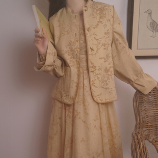 兰奕屋语原创设计 赭石黄色植绒印花竹扣新中式外套上衣 立领复古
