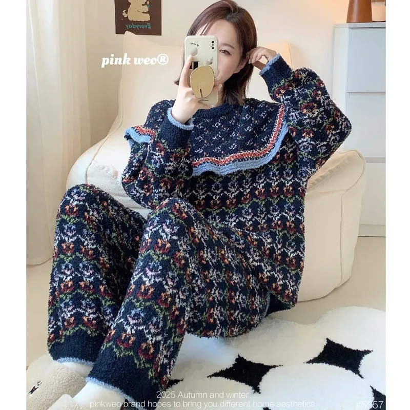 PinkWeo秋冬新款加厚软绵绵半边绒复古风休闲宽松居家服女士睡衣