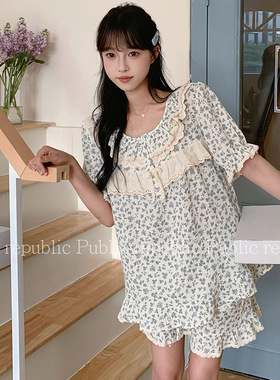 public re public 纯棉韩国纯棉双层纱布棉纱碎花小清新家居服睡