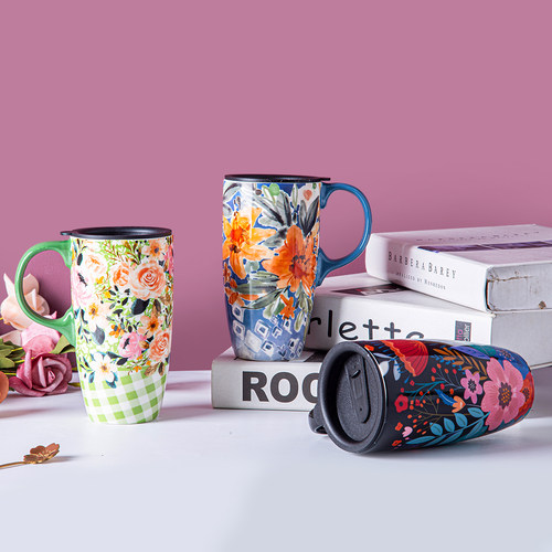 爱屋格林大容量陶瓷马克杯女带盖早餐杯办公室水杯咖啡杯高颜值