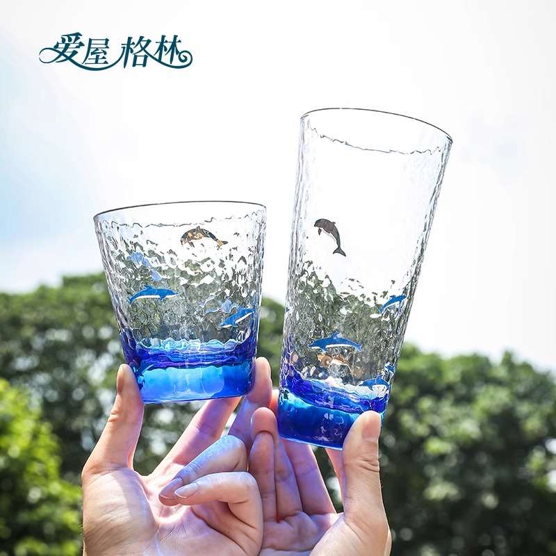 爱屋格林海豚玻璃杯夏天女高颜值杯子男女新款2024家用办公室茶杯