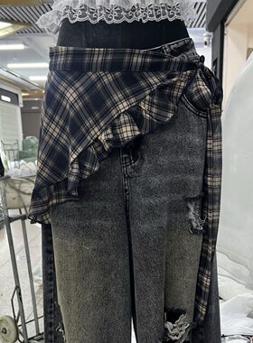 韩国2025新款格子三角巾头巾女腰巾短裙叠穿屁帘黑色半身裙子