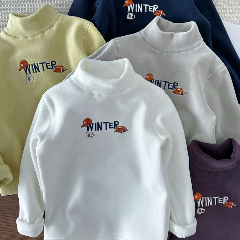 男童加厚一体绒半高领打底衫~儿童秋冬季防风保暖加绒内衣长袖T恤