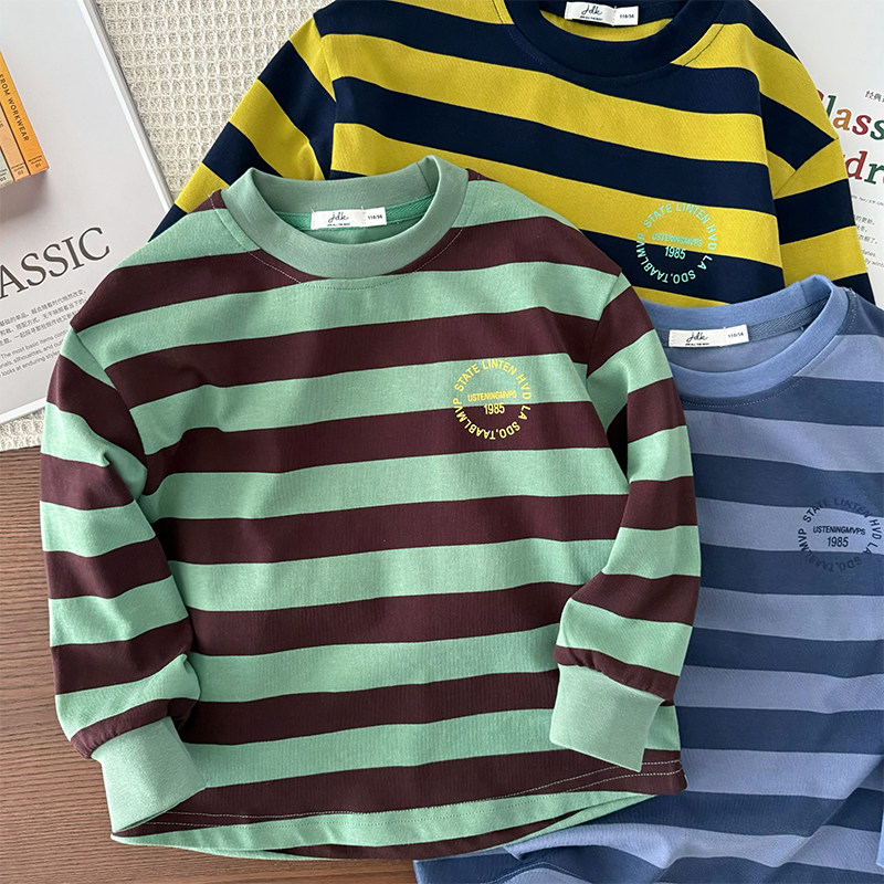 男童洋气条纹打底衫~中大童字母印花长袖T恤儿童宽松休闲圆领上衣,童装/婴儿装/亲子装,T恤,淘宝优惠券,粉丝福利购,淘宝优惠卷