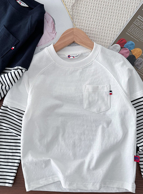 32支精梳棉 吸汗透气~儿童打底衫男童条纹袖长袖T恤假两件春秋款