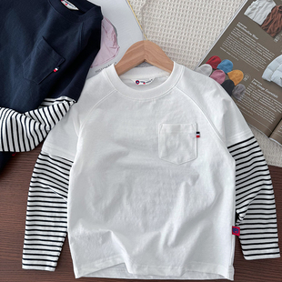 32支精梳棉 吸汗透气~儿童打底衫男童条纹袖长袖T恤假两件春秋款