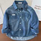 儿童牛仔衬衫 衬衣中大童宽松休闲外套翻领上衣 软软糯糯男童长袖