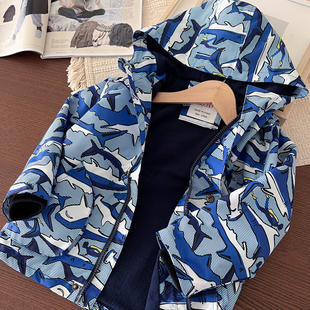 【清库】满印鲨鱼~秋季男童加绒外套中大童连帽防风衣拉链衫