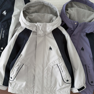 男童加绒外套~4级防水中大童深秋初冬加厚连帽冲锋衣保暖防风衣