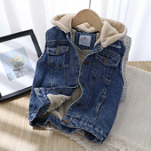 超值划算 帽子可拆卸秋冬男童加绒连帽牛仔马甲儿童背心加厚坎肩