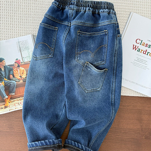 男童加绒牛仔裤~中大童水洗磨白加厚保暖长裤潮酷帅气弯刀裤子