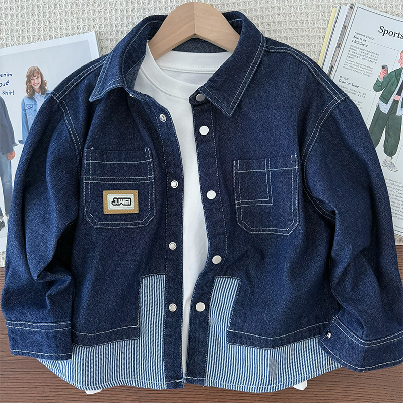 男童拼接牛仔衬衫外套休闲衬衣
