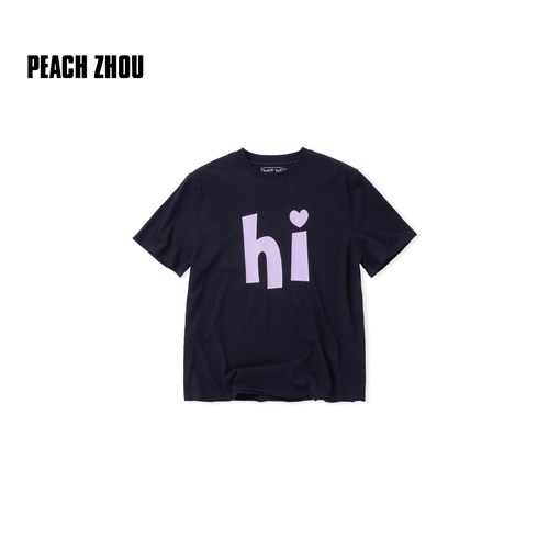 PEACHZHOU 新疆棉轻薄短袖撞色hi印花双层卷边正肩宽松圆领女T恤