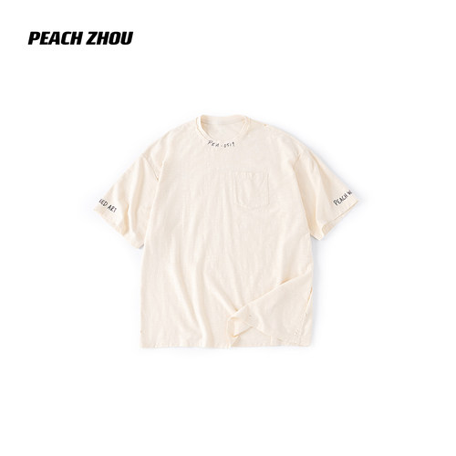 PEACHZHOU 竹节棉磨破手写体字母印花宽松圆领短袖T恤6QS60106