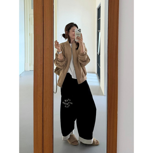 PEACHZHOU 灯芯绒字母刺绣西装休闲裤撞色翻边宽松秋冬阔腿长裤女