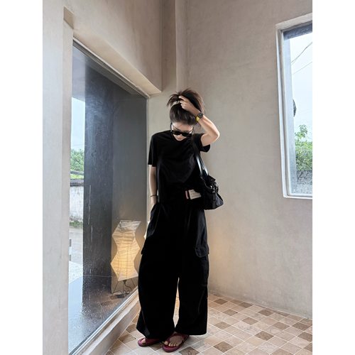 PEACHZHOU 撞色标签工装裤大口袋宽松阔腿黑色九分长裤子女秋季