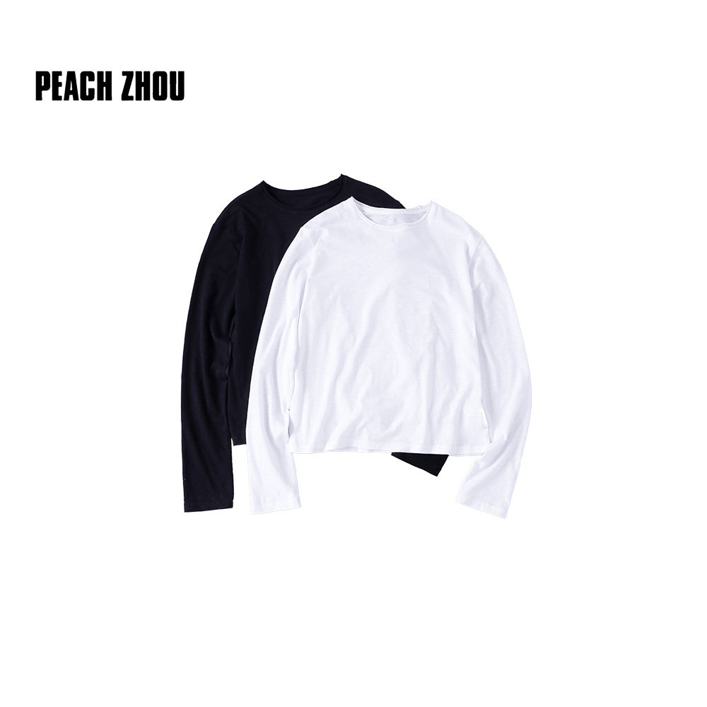 PEACHZHOU 竹节棉卷边T恤正肩微宽松圆领长袖基础款纯色短款T恤女图片