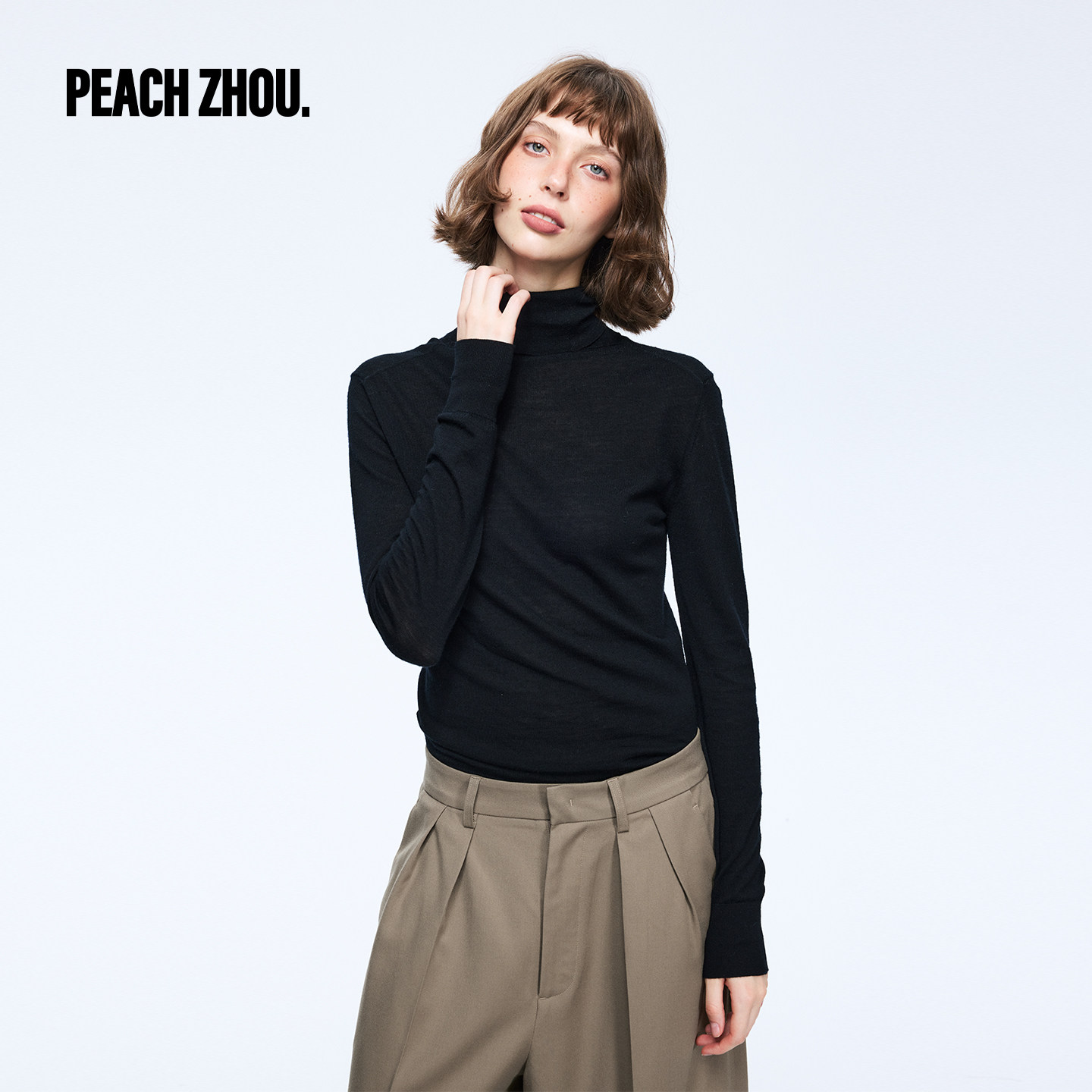 PEACHZHOU 超细100羊毛修身高领针织衫女经典黑色打底毛衫上衣秋