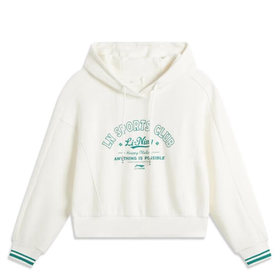 李宁正品2024秋女运动休闲连帽上装卫衣套头衫乳白色AWDU600-1/2
