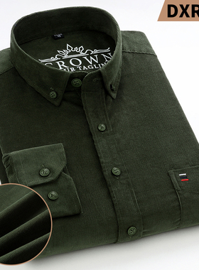 男士长袖衬衫秋季纯棉灯芯绒墨绿色爸爸男装中老年休闲男条绒衬衣