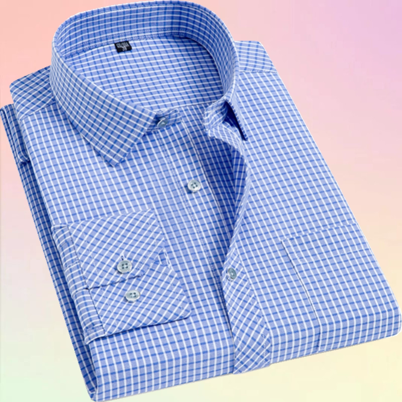 蓝色格子中年男士长袖衬衫中老年爸爸装商务休闲宽松免烫大码上班