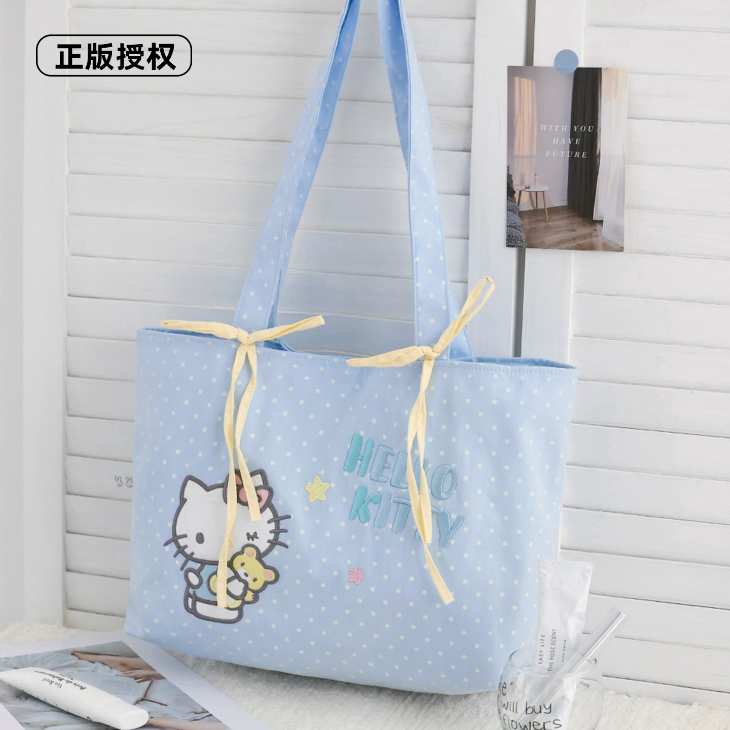 三丽鸥正版凯蒂猫韩版蓝色波点卡通单肩包女学生可爱少女风单肩包