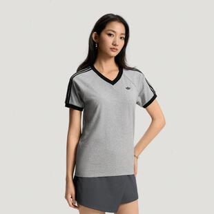 adidas三叶草女装 时尚简约舒适运动休闲V领短袖T恤KU4771 KU4763