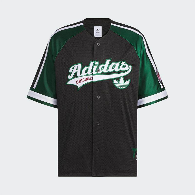adidas三叶草男女装 宽松舒适透气休闲排扣V领短袖T恤JN0767