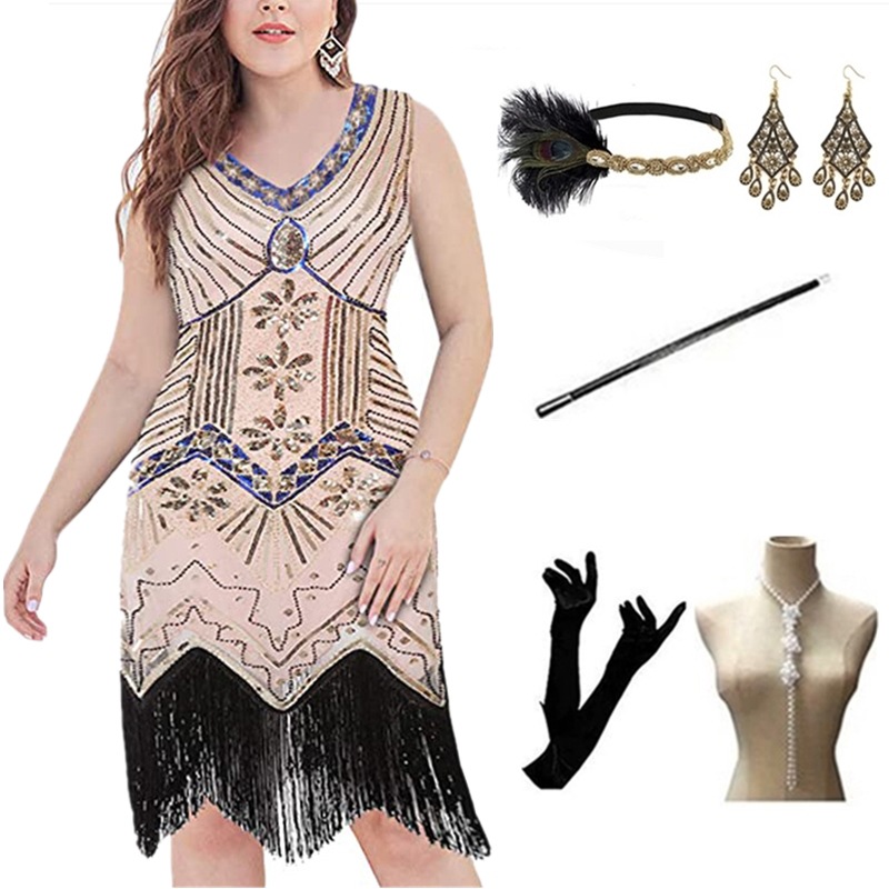 欧美大码女装1920s盖茨比复古亮片亚马逊舞会V领流苏连衣裙